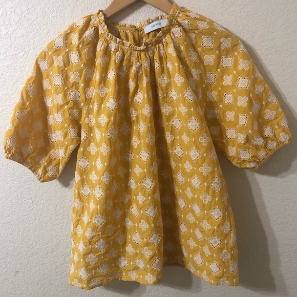 Anthropologie Greylin Smocked Yellow Blouse with White Embroidery - Size Small - Picture 1 of 5
